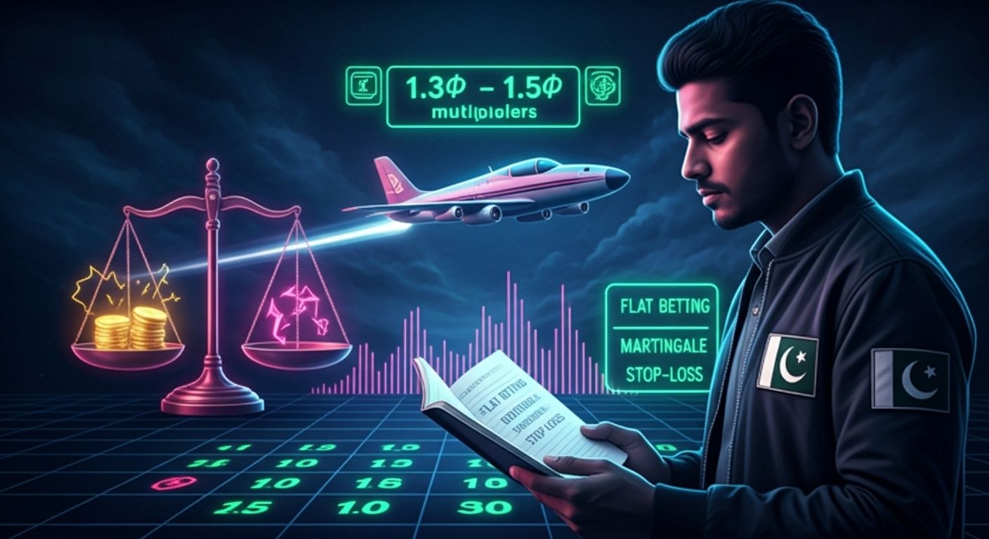 Pakistani player analyzing Aviator strategies with plane, multipliers, and balance of risk vs. reward.