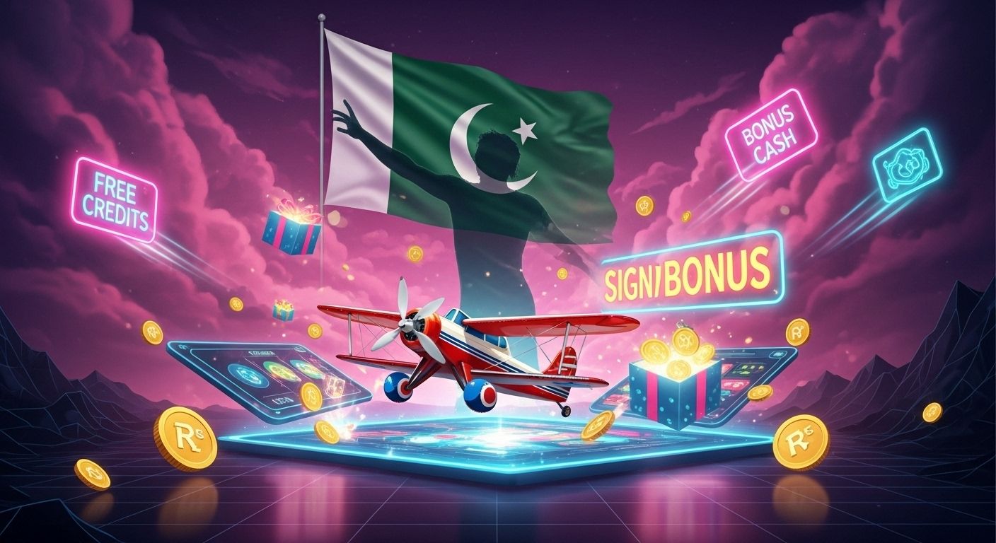Aviator plane with PKR bonus symbols, gift boxes, and sign-up reward icons