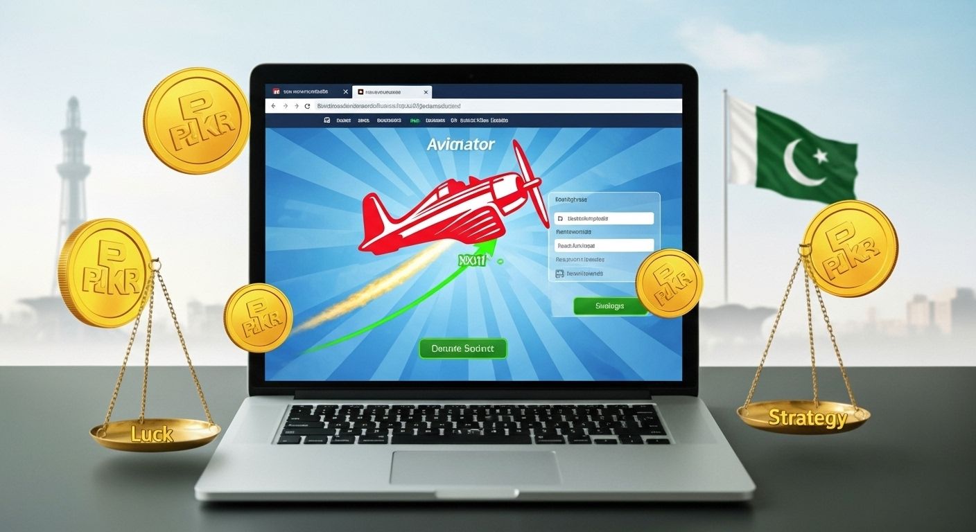 Aviator plane flying with PKR coins, login screen, and Pakistan flag in the sky