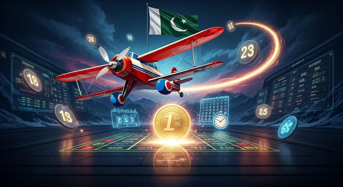 Aviator plane with PKR coin, stopwatch, and patterns symbolizing patience and timing