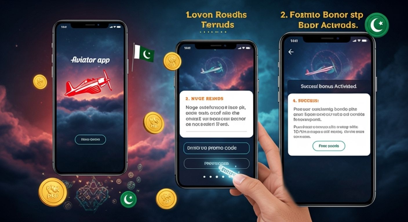 Aviator plane with floating promo codes, PKR coins, and bonuses.