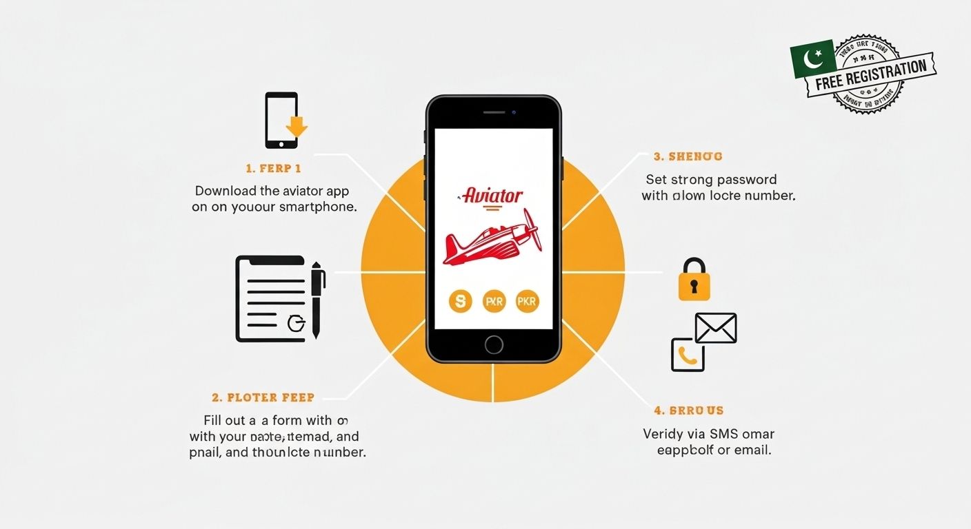 Infographic showing Aviator account registration steps with PKR coins and phone verification