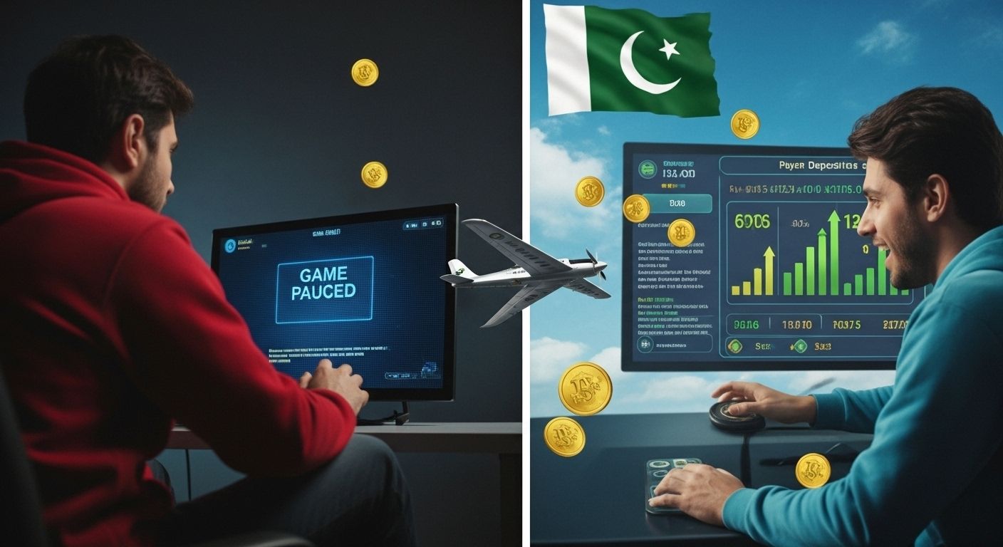 Split scene showing Aviator with and without deposits, PKR coins, and plane