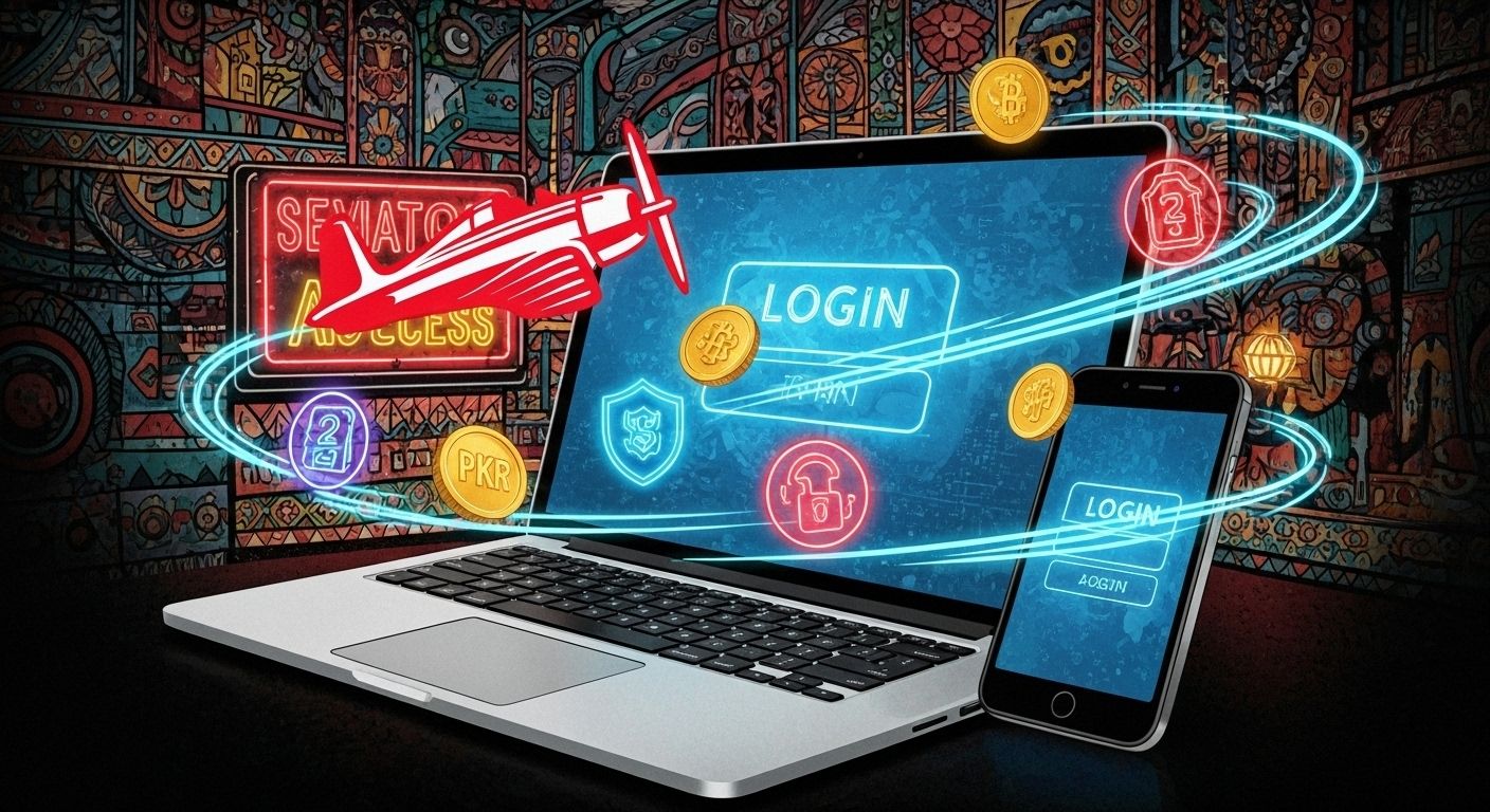 Player logging into Aviator on laptop and smartphone with PKR coins and security icons
