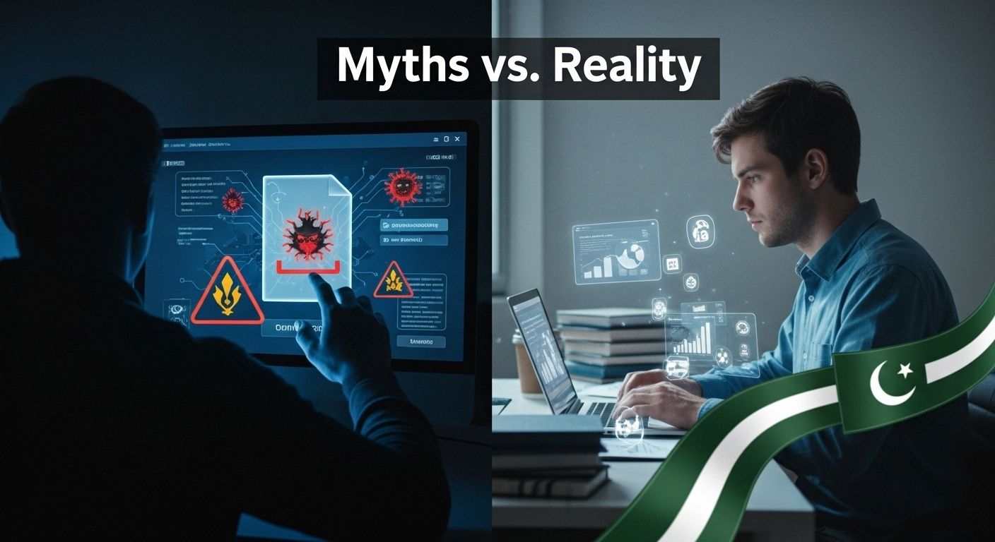 Split scene of risky fake hack downloads vs. safe community guides in Aviator
