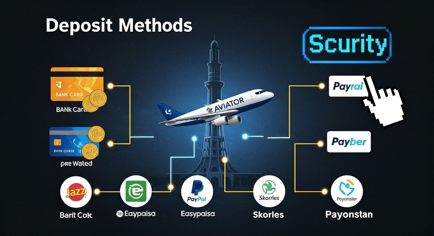 Infographic of Aviator deposit methods: bank cards, JazzCash, Easypaisa, and e-wallets