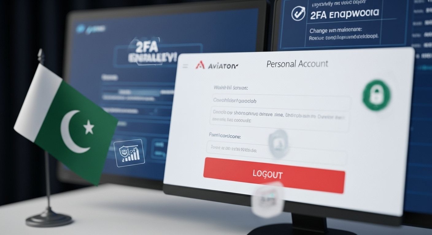 Aviator account interface with logout button, 2FA, and password reminders