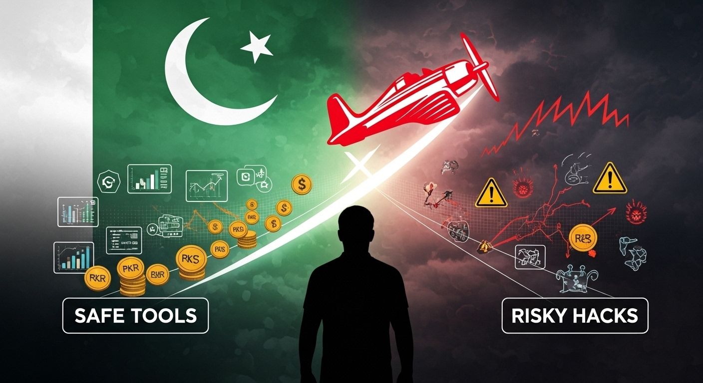 Aviator plane with safe tools vs. risky hacks path, PKR coins, and Pakistan flag